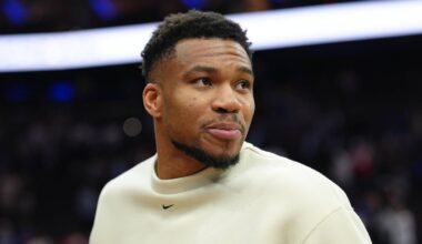 Apr 12, 2026; Philadelphia, Pennsylvania, USA; Milwaukee Bucks forward Giannis Antetokounmpo looks on after the game against the Philadelphia 76ers at Xfinity Mobile Arena. Mandatory Credit: Kyle Ross-Imagn Images
