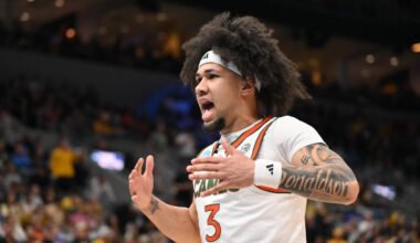 Mar 20, 2026; St. Louis, MO, USA; Miami (FL) Hurricanes guard Tre Donaldson (3) reacts before the game to start against the Missouri Tigers during a first round game of the men's 2026 NCAA Tournament at Enterprise Center. Mandatory Credit: Jeff Curry-Imagn Images