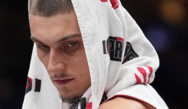 Apr 9, 2026; Toronto, Ontario, CAN; Miami Heat guard Tyler Herro (14) looks on during a timeout against the Toronto Raptors during the second half at Scotiabank Arena. Mandatory Credit: John E. Sokolowski-Imagn Images