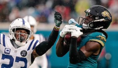 Dec 7, 2025; Jacksonville, Florida, USA;Jacksonville Jaguars wide receiver Brian Thomas Jr. (7) catches a pass over Indianapolis Colts cornerback Kenny Moore II (23) at EverBank Stadium.