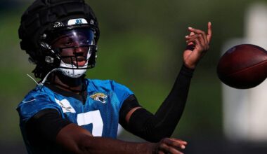 Jacksonville Jaguars wide receiver Brian Thomas Jr. (7) tosses the ball during the first day of an NFL football training camp practice Wednesday, July 24, 2024 at EverBank Stadiumâ€™s Miller Electric Center in Jacksonville, Fla.