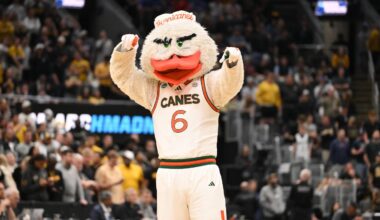 Mar 20, 2026; St. Louis, MO, USA; The Miami (FL) Hurricanes mascot during a first round game of the men's 2026 NCAA Tournament at Enterprise Center. Mandatory Credit: Jeff Curry-Imagn Images