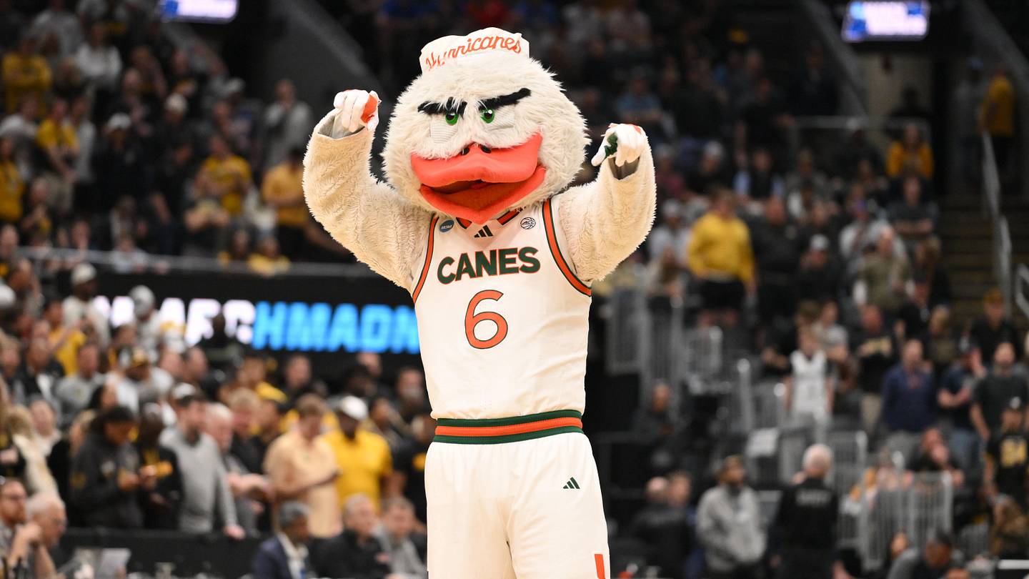 Mar 20, 2026; St. Louis, MO, USA; The Miami (FL) Hurricanes mascot during a first round game of the men's 2026 NCAA Tournament at Enterprise Center. Mandatory Credit: Jeff Curry-Imagn Images