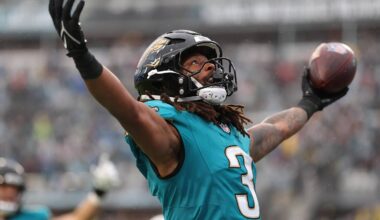 Dec 7, 2025; Jacksonville, Florida, USA; Jacksonville Jaguars wide receiver Jakobi Meyers (3) reacts after scoring a touchdown against the Indianapolis Colts during the first half at EverBank Stadium. Mandatory Credit: Matt Pendleton-Imagn Images