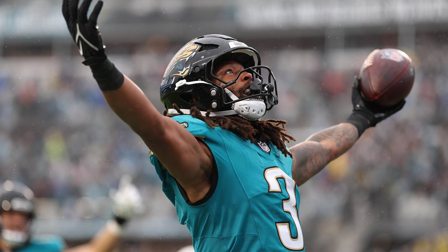Dec 7, 2025; Jacksonville, Florida, USA; Jacksonville Jaguars wide receiver Jakobi Meyers (3) reacts after scoring a touchdown against the Indianapolis Colts during the first half at EverBank Stadium. Mandatory Credit: Matt Pendleton-Imagn Images