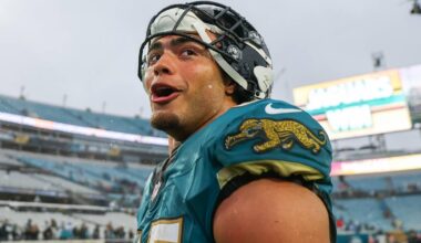 1Dec 7, 2025; Jacksonville, Florida, USA;  Jacksonville Jaguars tight end Brenton Strange (85) leaves the field following a game at EverBank Stadium.