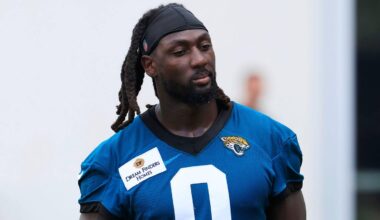 Jacksonville Jaguars linebacker Devin Lloyd (0) walks on the field after an NFL training camp session at the Miller Electric Center, Friday Aug. 15, 2025 in Jacksonville, Fla. [Corey Perrine/Florida Times-Union]