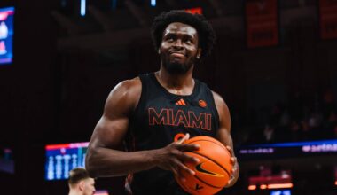 Feb 21, 2026; Charlottesville, Virginia, USA; Miami (FL) Hurricanes center Ernest Udeh Jr. (8) reacts after a play in the second half against the Virginia Cavaliers at John Paul Jones Arena. Mandatory Credit: Emily Faith Morgan-Imagn Images
