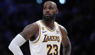 Los Angeles Lakers forward LeBron James (23) reacts (Mandatory Credit: Kirby Lee-Imagn Images)