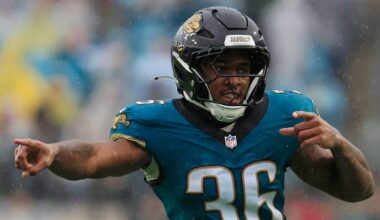 Jacksonville Jaguars running back Lequint Allen Jr. (36) celebrates a first down pickup during the fourth quarter of an NFL football game at EverBank Stadium, Sunday, Dec. 7, 2025, in Jacksonville, Fla. The Jaguars defeated the Colts 36-19.