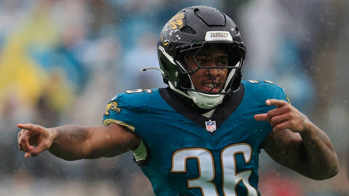 Jacksonville Jaguars running back Lequint Allen Jr. (36) celebrates a first down pickup during the fourth quarter of an NFL football game at EverBank Stadium, Sunday, Dec. 7, 2025, in Jacksonville, Fla. The Jaguars defeated the Colts 36-19.