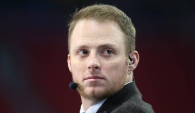 Dec 28, 2019; Atlanta, Georgia, USA; ESPN commentator Greg McElroy looks on before the 2019 Peach Bowl college football playoff semifinal game between the LSU Tigers and the Oklahoma Sooners at Mercedes Benz Stadium. Mandatory Credit: Brett Davis-Imagn Images