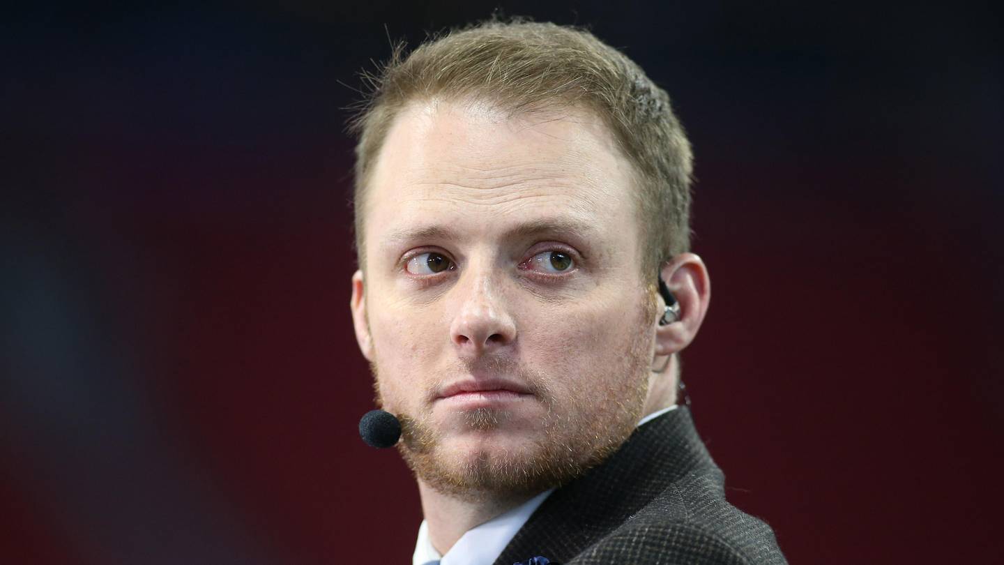 Dec 28, 2019; Atlanta, Georgia, USA; ESPN commentator Greg McElroy looks on before the 2019 Peach Bowl college football playoff semifinal game between the LSU Tigers and the Oklahoma Sooners at Mercedes Benz Stadium. Mandatory Credit: Brett Davis-Imagn Images