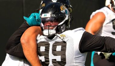 Jacksonville Jaguars defensive tackle Ruke Orhorhoro (99) runs a blocking drill with Jacksonville Jaguars defensive tackle Arik Armstead (91) during the Jaguars final Organized Team Activity on Monday, June 15, 2026 at the Miller Electric Center in Jacksonville, Fla.