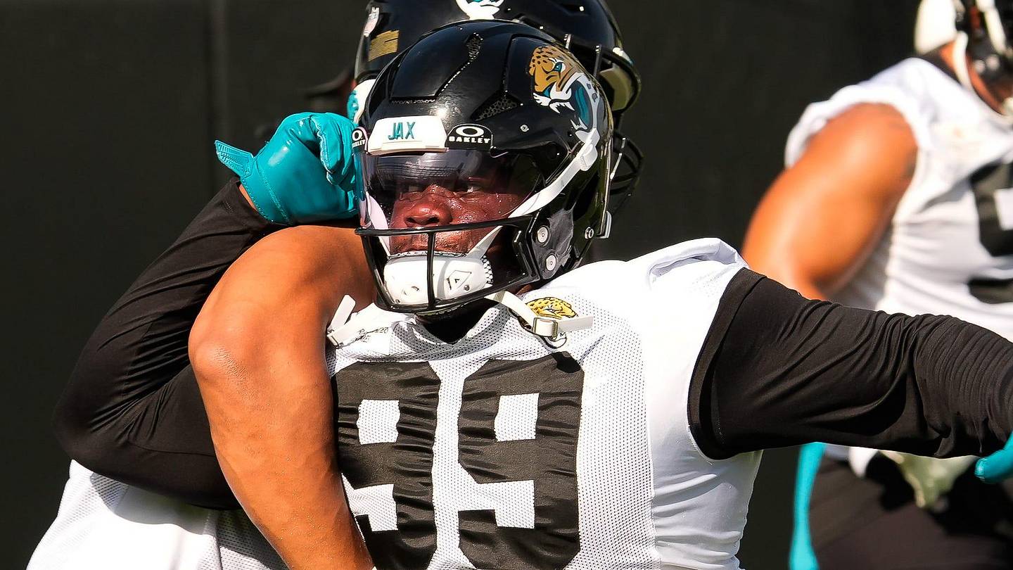 Jacksonville Jaguars defensive tackle Ruke Orhorhoro (99) runs a blocking drill with Jacksonville Jaguars defensive tackle Arik Armstead (91) during the Jaguars final Organized Team Activity on Monday, June 15, 2026 at the Miller Electric Center in Jacksonville, Fla.