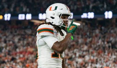 Miami Hurricanes wide receiver Malachi Toney (10) celebrates his touchdown during the CFP Fiesta Bowl against Ole Miss at the State Farm Stadium, in Glendale, Ariz., on Thursday, Jan. 8, 2026.