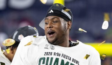 Jan 8, 2026; Glendale, AZ, USA; Miami Hurricanes defensive lineman Ahmad Moten Sr celebrates after defeating the Mississippi Rebels during the 2026 Fiesta Bowl and semifinal game of the College Football Playoff at State Farm Stadium. Mandatory Credit: Mark J. Rebilas-Imagn Images