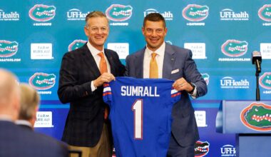 Dec 1, 2025; Gainesville, FL, USA; Florida Gators athletic director Scott Stricklin and Florida Gators head coach Jon Sumrall poses with a Florida Gators jersey during the press conference at the Heavener Football Training Center at the University of Florida. Mandatory Credit: Matt Pendleton-Imagn Images