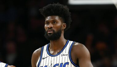 Feb 21, 2026; Phoenix, Arizona, USA; Orlando Magic forward Jonathan Isaac (1) against the Phoenix Suns at Mortgage Matchup Center. Mandatory Credit: Mark J. Rebilas-Imagn Images