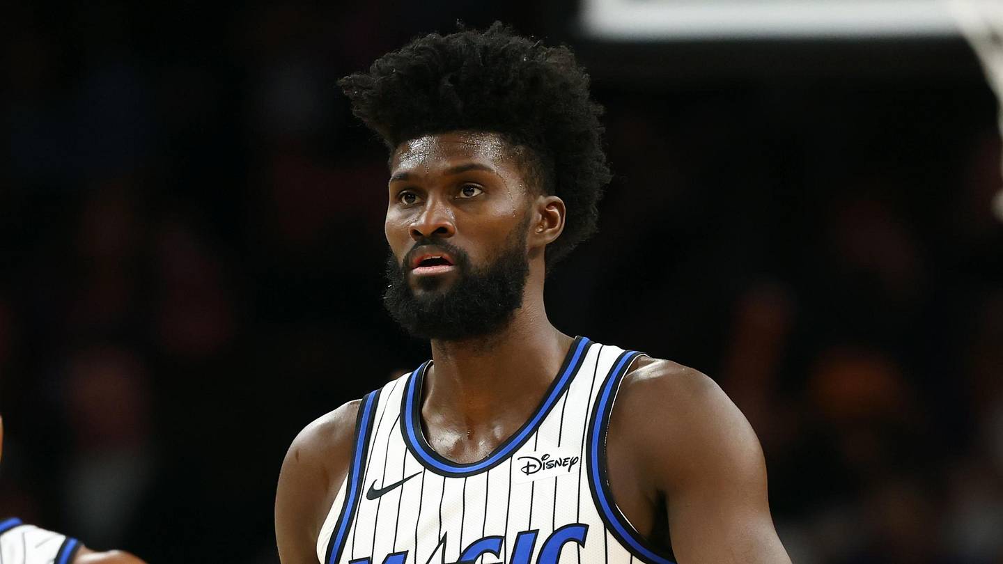 Feb 21, 2026; Phoenix, Arizona, USA; Orlando Magic forward Jonathan Isaac (1) against the Phoenix Suns at Mortgage Matchup Center. Mandatory Credit: Mark J. Rebilas-Imagn Images