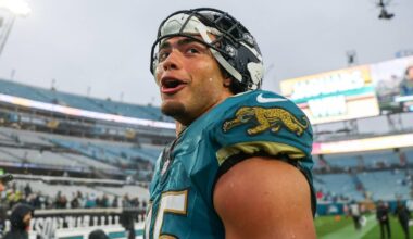1Dec 7, 2025; Jacksonville, Florida, USA;  Jacksonville Jaguars tight end Brenton Strange (85) leaves the field following a game at EverBank Stadium.