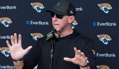 Jacksonville Jaguars head coach Liam Coen talks after the Jaguars final Organized Team Activity on Monday, June 15, 2026 at the Miller Electric Center in Jacksonville.