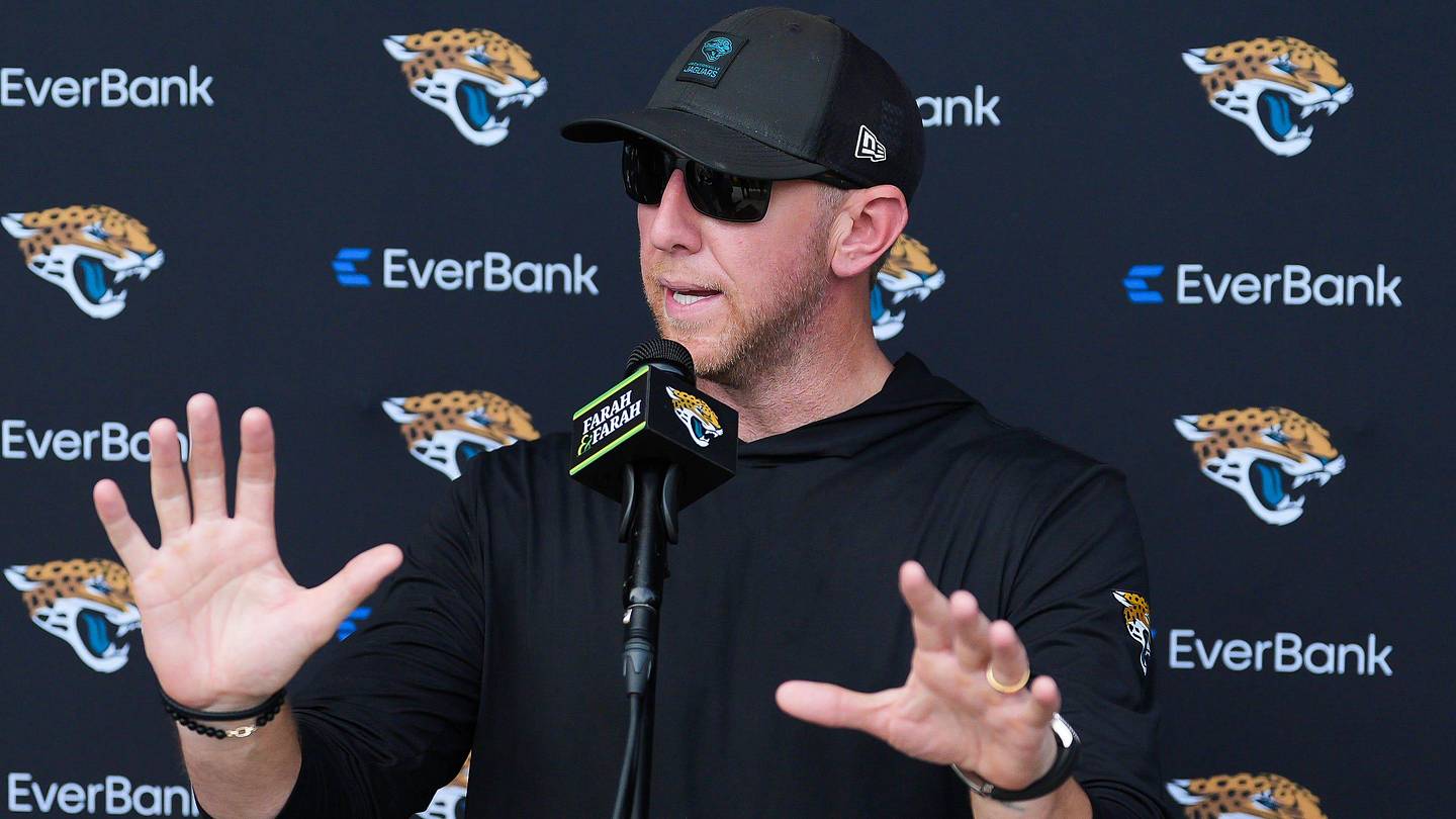 Jacksonville Jaguars head coach Liam Coen talks after the Jaguars final Organized Team Activity on Monday, June 15, 2026 at the Miller Electric Center in Jacksonville.