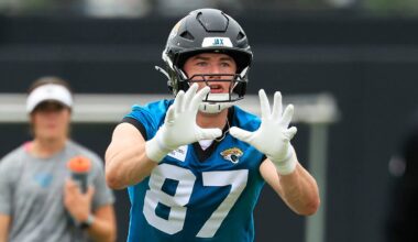 Jacksonville Jaguars tight end Nate Boerkircher (87) catches a pass during rookie minicamp at the Miller Electric Center, Saturday, May 9, 2026 in Jacksonville, Fla. Today was the second of a three day camp concluding Sunday.
