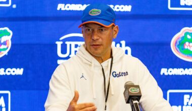 Florida head coach Jon Sumrall speaks after spring practice at Sanders Practice Fields in Gainesville, FL on Tuesday, April 7, 2026. [Alan Youngblood/Gainesville Sun]