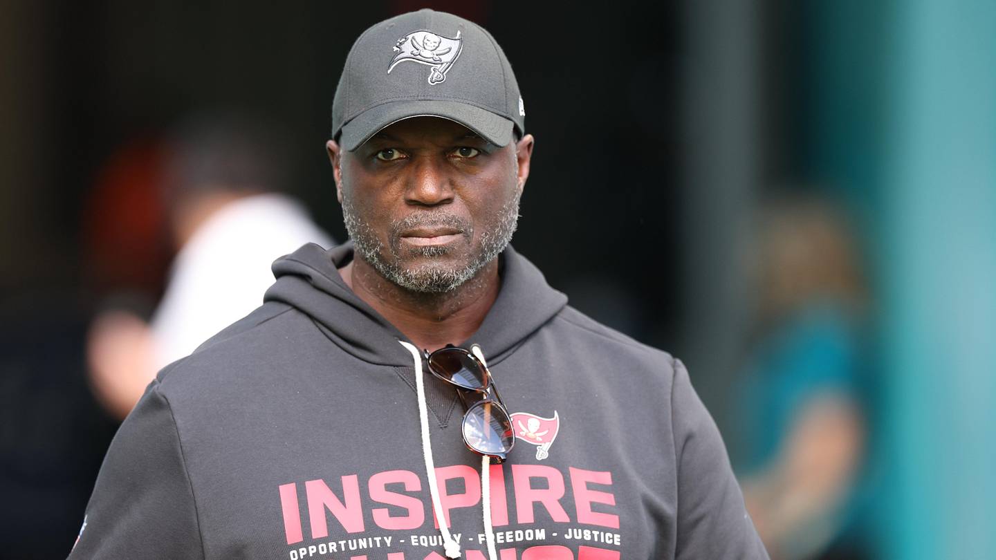 Dec 28, 2025; Miami Gardens, Florida, USA; Tampa Bay Buccaneers head coach Todd Bowles walks around the field during warmups prior to a game against the Miami Dolphins at Hard Rock Stadium. Mandatory Credit: Nathan Ray Seebeck-Imagn Images