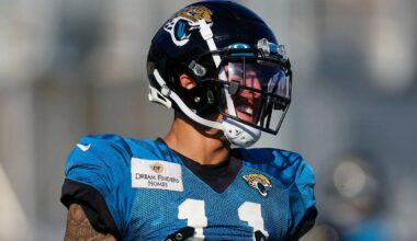Jacksonville Jaguars wide receiver Parker Washington (11) smiles during training camp Monday, Aug. 7, 2023 at Miller Electric Center at EverBank Stadium in Jacksonville, Fla. This was the 11th day of training camp.