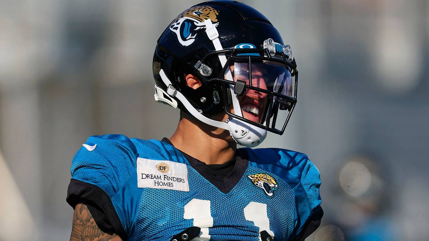 Jacksonville Jaguars wide receiver Parker Washington (11) smiles during training camp Monday, Aug. 7, 2023 at Miller Electric Center at EverBank Stadium in Jacksonville, Fla. This was the 11th day of training camp.