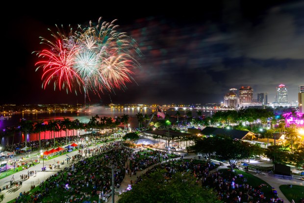Fireworks light up the sky above 4th on Flagler in downtown West Palm Beach.
