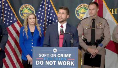 Florida Attorney General James Uthmeier accuses State Attorney Monique Worrell of being soft on crime during an event Friday at the Florida Highway Patrol office on International Drive in Orlando. (Spectrum News)