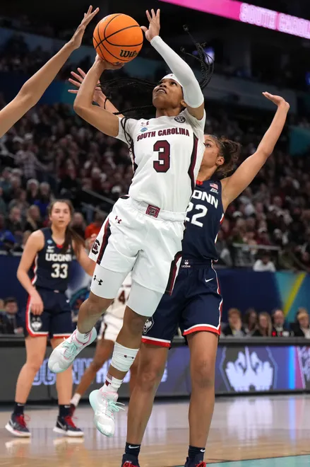 Apr 3, 2022; Minneapolis, MN, USA; South Carolina Gamecocks guard Destanni Henderson (3) takes a shot against the UConn Huskies during the first half in the Final Four championship game of the women's college basketball NCAA Tournament at Target Center. Mandatory Credit: Kirby Lee-USA TODAY Sports