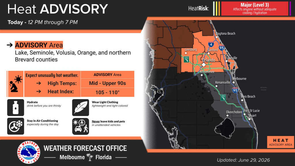 Heat advisory begins at 12 p.m. as peak heat indices top 108 degrees – Orlando Sentinel