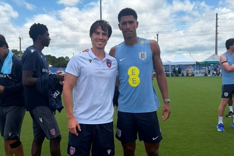 Miami FC's Victor Lonchuk with Jude Bellingham