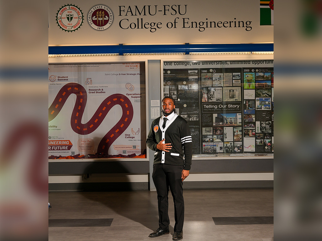 Austin Onyebueke, a Tampa native and Spring 2026 graduate of the FAMU-FSU College of Engineering, poses inside the college's atrium. Onyebueke earned dual degrees in computer engineering and electrical engineering and was among the members of the largest FAMU engineering graduating cohort in more than 25 years.