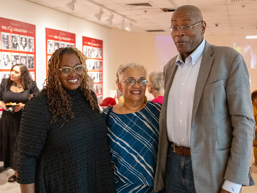 Friends, colleagues and supporters joined Beth Turner during the opening reception of the “Black Masks Exhibition: A 40-Year Celebration,” recognizing her decades-long commitment to amplifying Black voices through journalism, arts advocacy and cultural preservation. (Photo courtesy of FAMU Essential Theatre.)