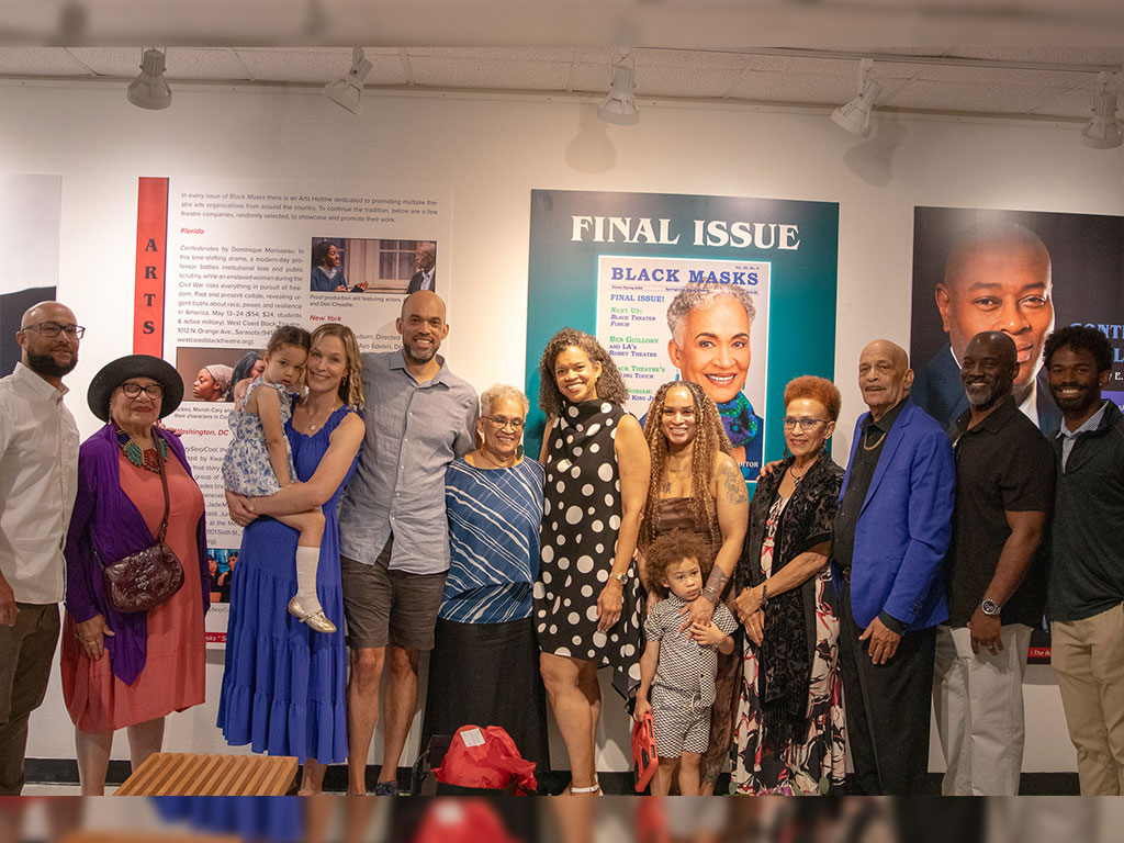 Surrounded by loved ones and longtime supporters, Beth Turner celebrates the opening of the “Black Masks” exhibition, which commemorates the history and legacy of the magazine she founded in 1984. The exhibit highlights the publication’s role in amplifying Black voices in the arts for more than 40 years. (Photo courtesy of FAMU Essential Theatre.)