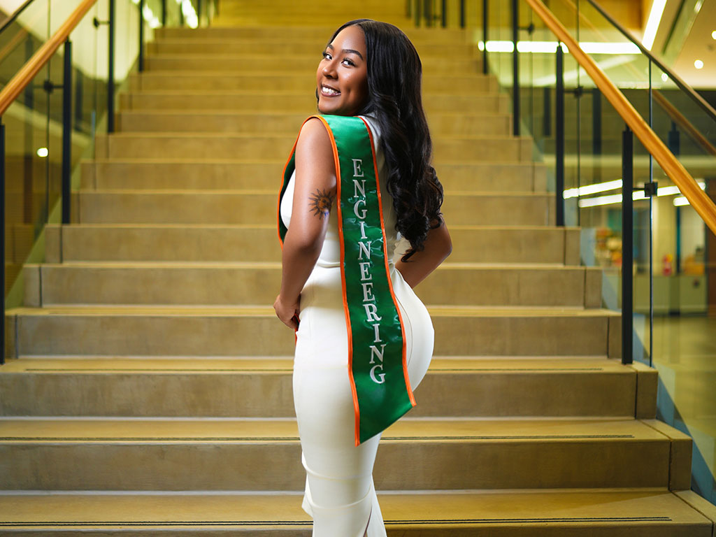 Mariah Johnson, a Spring 2026 biomedical engineering graduate, poses inside the FAMU-FSU College of Engineering. Johnson recently began her career as a clinical account specialist with Johnson & Johnson and was among the members of the largest FAMU engineering graduating cohort in more than 25 years. (Photo courtesy Mariah Johnson)