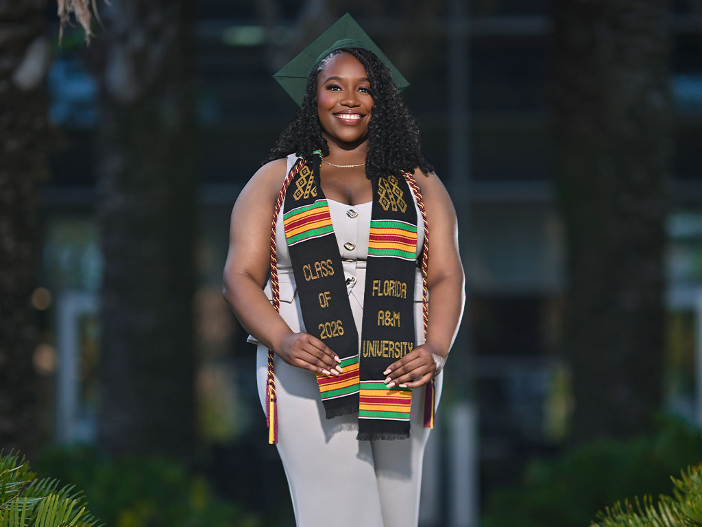 Azaria Moore, an industrial engineering graduate from Bradenton, Florida, poses on Florida A&M University's campus ahead of Spring 2026 Commencement. Moore, a first-generation college student and the first engineer in her family, was among the members of the largest FAMU engineering graduating cohort in more than 25 years. (Photo courtesy Azaria Moore)