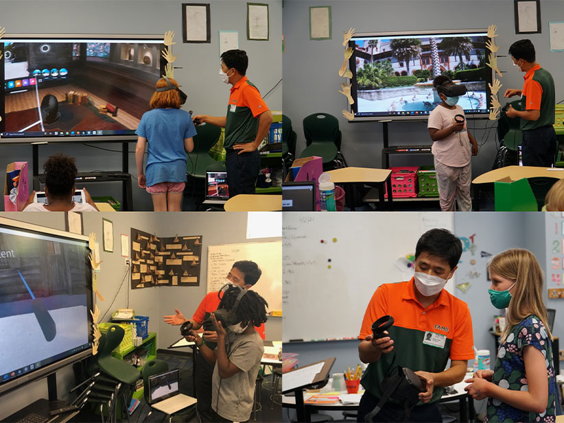 Dr. Park and students experiencing virtual reality.