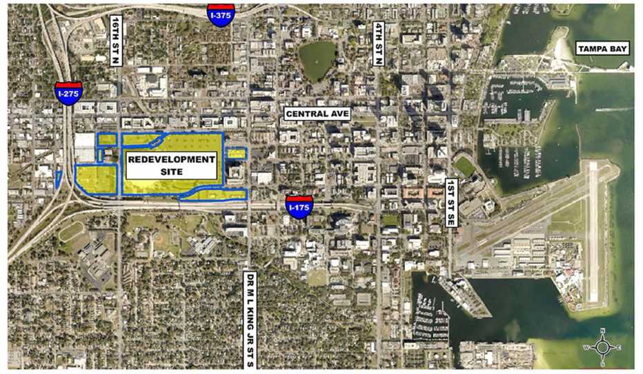 A birds-eye view map of proposed redevelopment work in St. Petersburg, Florida A birds-eye view map of proposed redevelopment work in St. Petersburg, Florida