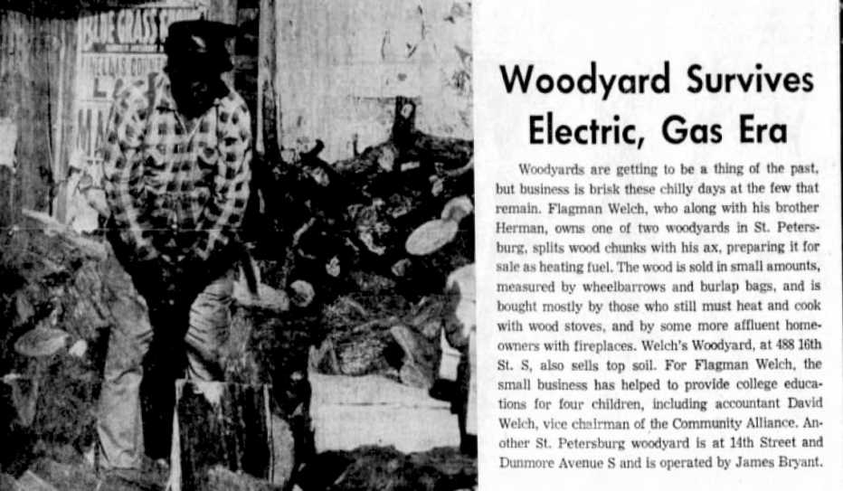 A 1960s newspaper clipping about the St. Petersburg, Florida, woodyard owned by brothers Flagman and Herman Welch A 1960s newspaper clipping about the St. Petersburg, Florida, woodyard owned by brothers Flagman and Herman Welch