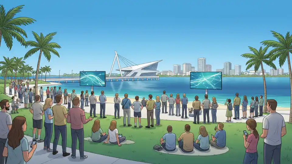 Spectators gather along Spa Beach Park and North Straub Park waterfront viewing areas, with large video screens visible and the St. Pete Pier extending into Tampa Bay under clear skies
