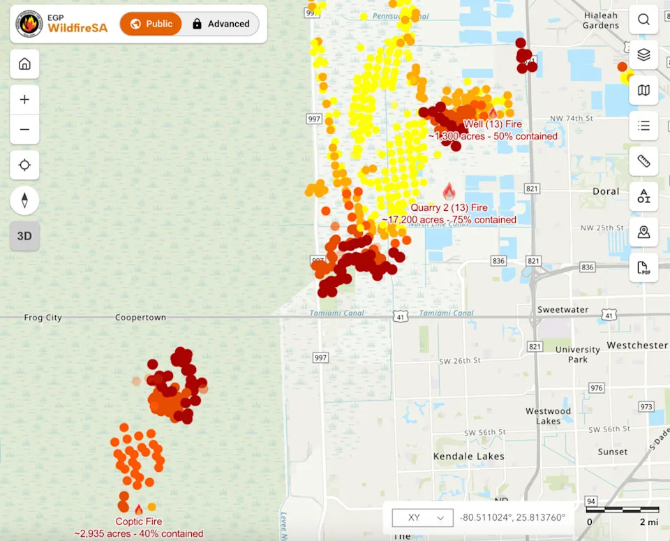 Fires continued to burn on June 19, though weather patterns and extensive efforts by first responders have improved air quality in the area. The darker a dot is on the map, the stronger the blaze is at that location.