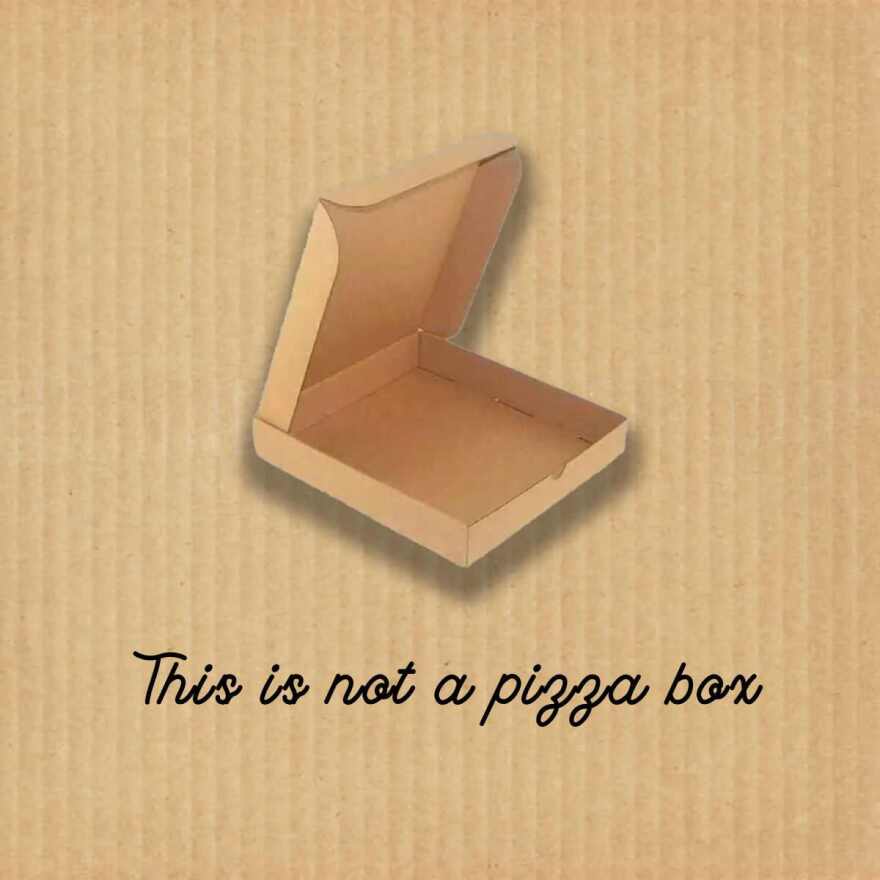 Davis Art Center Graphic for 'This Is Not a Pizza Box' exhibition.