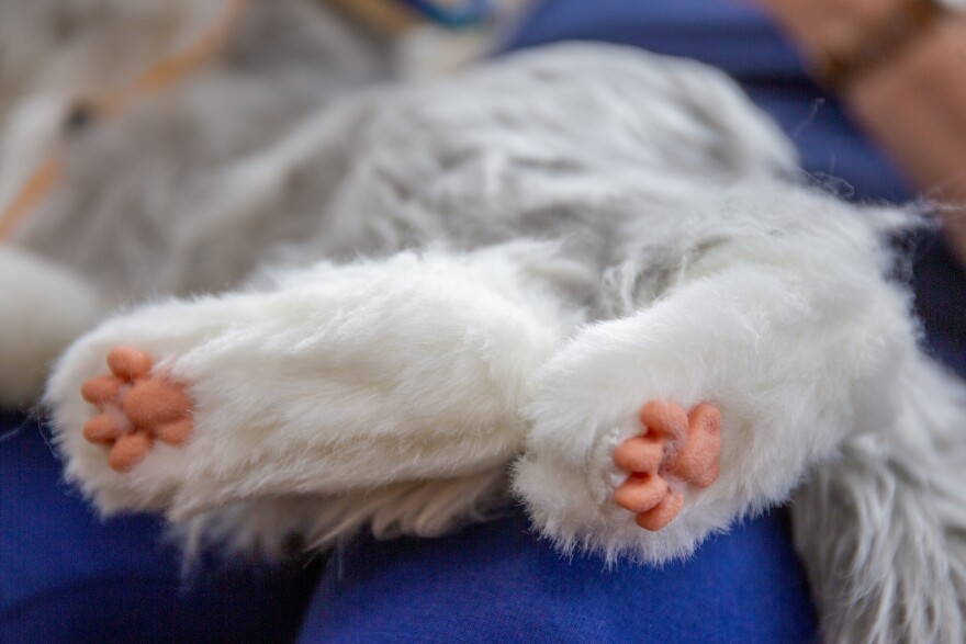 A close up of an electronic cat's feet, which have pink paw pads and bean toes.