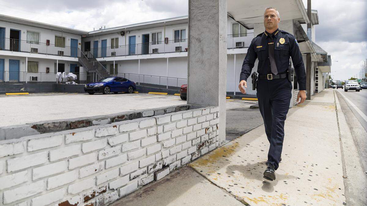 Matthew Castillo, chief of police in Miami Springs, patrols down Northwest 36th Street near the Miami Springs Inn on Friday, May 29, 2026, in Miami Springs, Fla. Castillo is set to replace Edwin Lopez as chief of the Doral Police Department after Lopez was appointed chief of the City of Miami Police Department.